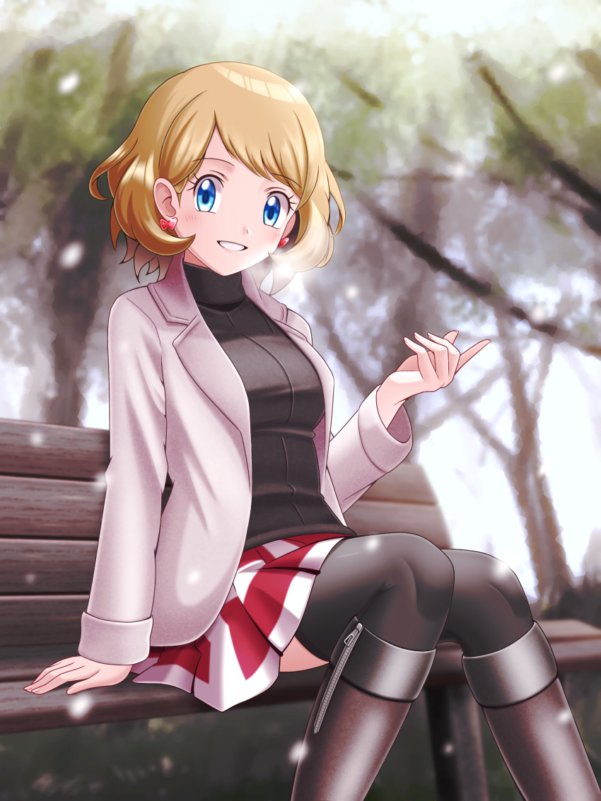 1girl, absurdres, black_sweater, black_thighhighs, blonde_hair, blue_eyes, blurry, blurry_background