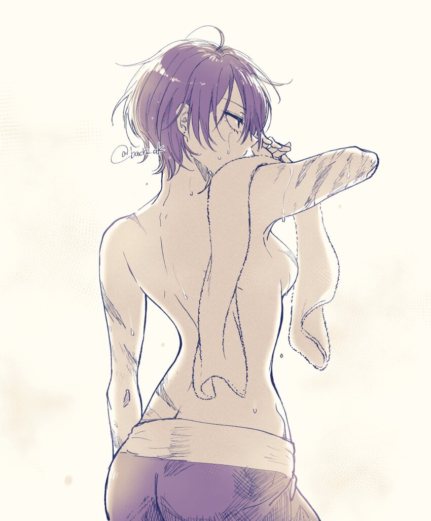 1girl, akanashi_(bachi_ak), ass, black_hair, breasts, burn_scar, burnt, carrying_over_shoulder, highres, kagari_hiyuki, kagurabachi, looking_back, medium_breasts, scar, scar_on_arm, scar_on_back, short_hair, solo, topless_female, towel