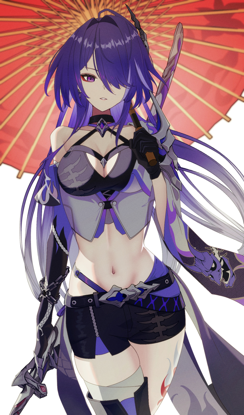 1girl, absurdres, acheron_(honkai:_star_rail), black_choker, black_gloves, black_shorts, choker, commentary