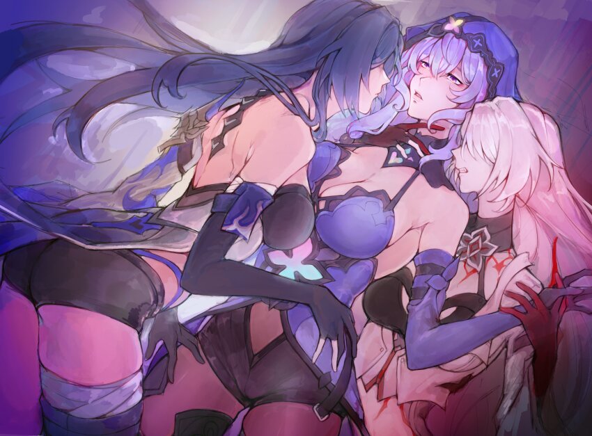 3girls, absurdres, acheron_(honkai:_star_rail), asymmetrical_footwear, bare_shoulders, black_choker, black_gloves, black_shorts, black_swan_(honkai:_star_rail), breasts, choker, cleavage, coattails, colored_extremities, couple, dress, dual_persona, elbow_gloves, fff_threesome, gloves, group_sex, hair_over_one_eye, hair_spread_out, highres, honkai:_star_rail, honkai_(series), large_breasts, long_hair, midriff, mihoyo, multicolored_hair, multiple_girls, navel, official_alternate_color, official_alternate_hair_color, ohhnyoo, pantyhose, purple_dress, purple_eyes, purple_gloves, purple_hair, purple_veil, red_hands, shorts, single_bare_shoulder, sleeveless, sleeveless_dress, stomach, streaked_hair, tailcoat, threesome, veil, very_long_hair, yuri