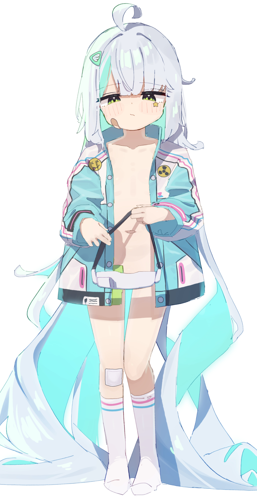 1girl, :/, absurdres, ahoge, bandaid, bandaid_on_face, bandaid_on_knee, bandaid_on_leg, blush, collarbone, colored_inner_hair, epinel_(nikke), facial_tattoo, flat_chest, full_body, goddess_of_victory:_nikke, green_eyes, green_hair, green_jacket, hair_ornament, hairclip, highres, holding, jacket, loli, long_hair, multicolored_hair, multicolored_jacket, navel, ponytail, socks, solo, standing, star_(symbol), star_tattoo, tattoo, tiffany_blews, two-tone_hair, very_long_hair, white_hair, white_jacket