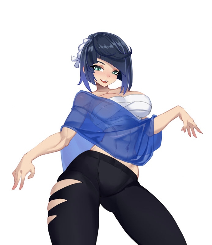 1girl, :d, bandages, black_pants, blue_hair, blunt_bangs, bob_cut, breasts