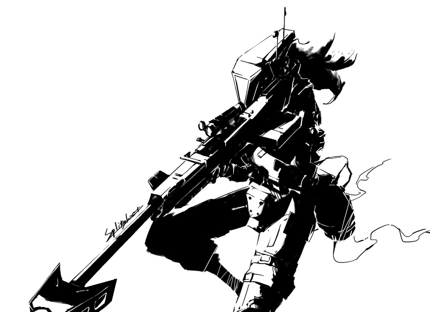 artist_name, greyscale, gun, highres, holding, holding_gun, holding_weapon, humanoid_robot, kraber, monochrome, phase_shift_pilot_(titanfall_2), pilot_(titanfall_2), radio_antenna, rifle, robot, scarf, scope, simulacrum_(titanfall), sniper_rifle, splitghost, titanfall_(series), titanfall_2, weapon, white_background