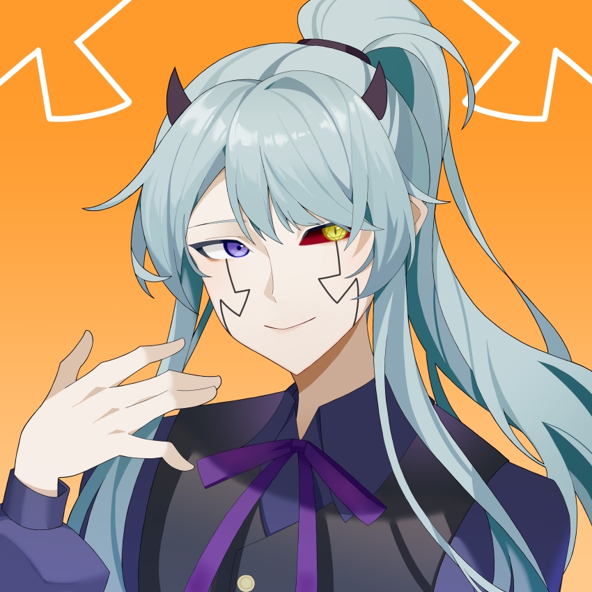 1boy, absurdres, abyss_razor, aqua_hair, black_horns, black_vest, blue_shirt, chinese_commentary