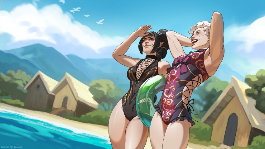 1boy, 1girl, absurdres, arm_up, arms_behind_head, arms_up, astarion, baldur's_gate, baldur's_gate_3, bare_legs, bare_shoulders, beach, black_choker, black_hair, black_one-piece_swimsuit, blue_sky, blunt_bangs, blush, bow, bulge, choker, closed_mouth, cloud, criss-cross_straps, day, dungeons_&amp;_dragons, fang, highres, light_smile, long_hair, multicolored_swimsuit, one-piece_swimsuit, open_mouth, outdoors, pointy_ears, poofroom_fanart, red_eyes, shading_face, shadowheart_(baldur's_gate), short_hair, sidelocks, sky, swimsuit, tongue, vampire, white_hair
