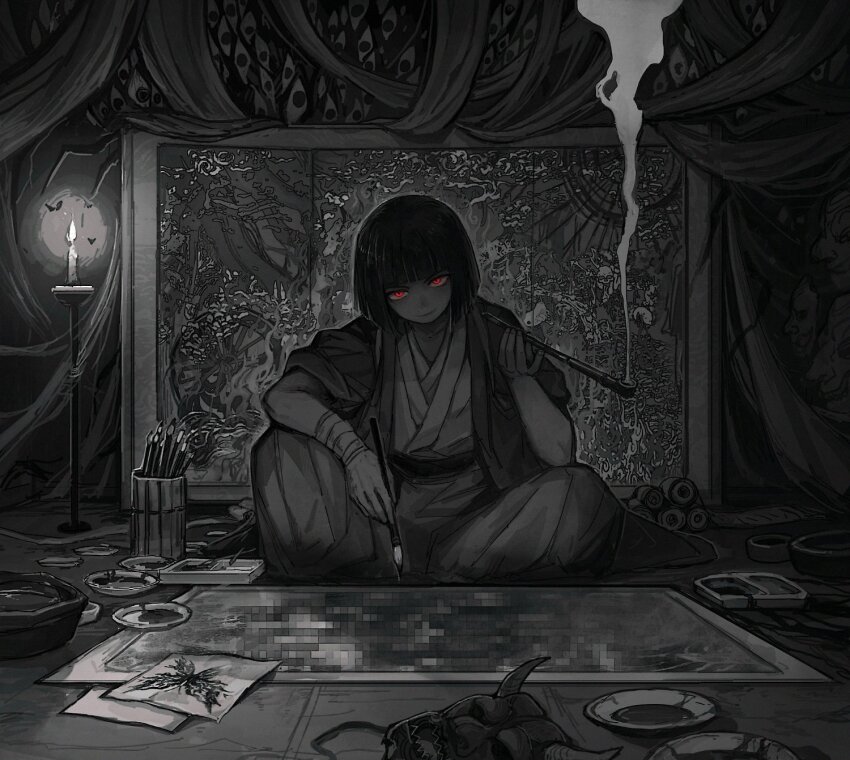 1girl, black_hair, bob_cut, bowl, bug, butterfly, candle, censored, cigarette, flaw_eight, hell_screen, highres, holding, holding_smoking_pipe, insect, japanese_clothes, kimono, kiseru, limbus_company, mask, mosaic_censoring, oni_mask, paint, paintbrush, project_moon, red_eyes, ryoshu_(project_moon), scroll, short_hair, smoke, smoking_pipe, solo_focus, spider_bud