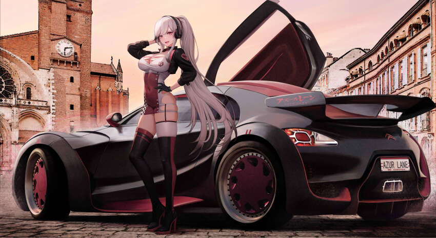 1girl, absurdres, alternate_costume, arm_behind_head, azur_lane, black_car, car, character_name, church, citroen, citroen_survolt, copyright_name, dunkerque_(azur_lane), france, full_body, hand_on_own_hip, headset, highres, kcar66t, license_plate, looking_at_viewer, motor_vehicle, product_placement, race_queen, race_vehicle, racecar, real_world_location, scissor_doors, spoiler_(automobile), thighhighs, toulouse, toulouse_cathedral