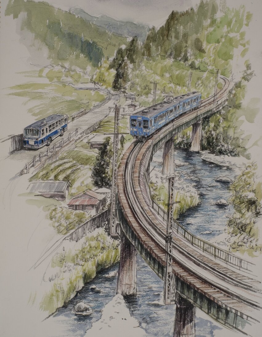 absurdres, bridge, building, bus, forest, highres, marker_(medium), motor_vehicle