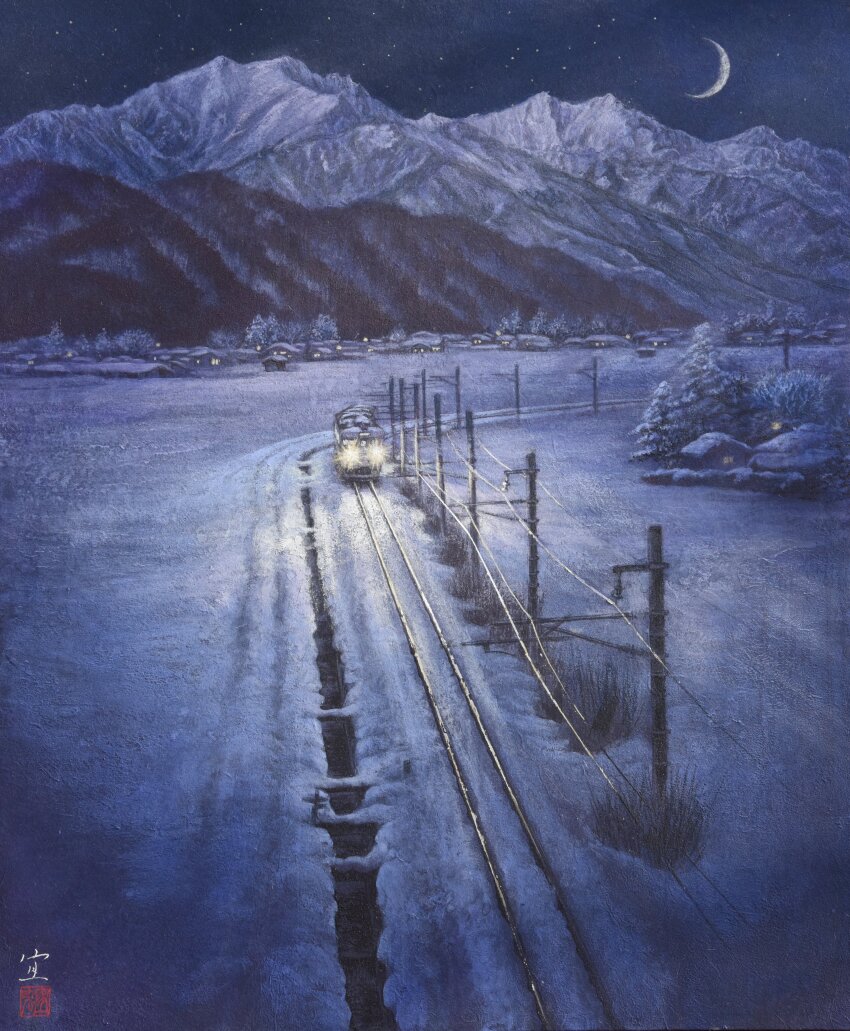 115_series, absurdres, building, crescent_moon, fine_art_parody, highres, house, light, moon, mountain, mountainous_horizon, multiple_unit_train, night, nihonga, no_humans, original, parody, pine_tree, power_lines, railroad_tracks, scenery, sky, snow, tanamachi_yoshihiro, town, train, tree, utility_pole