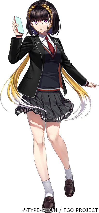 1girl, black_hair, black_shirt, blonde_hair, braid, breasts, brown_footwear, cellphone