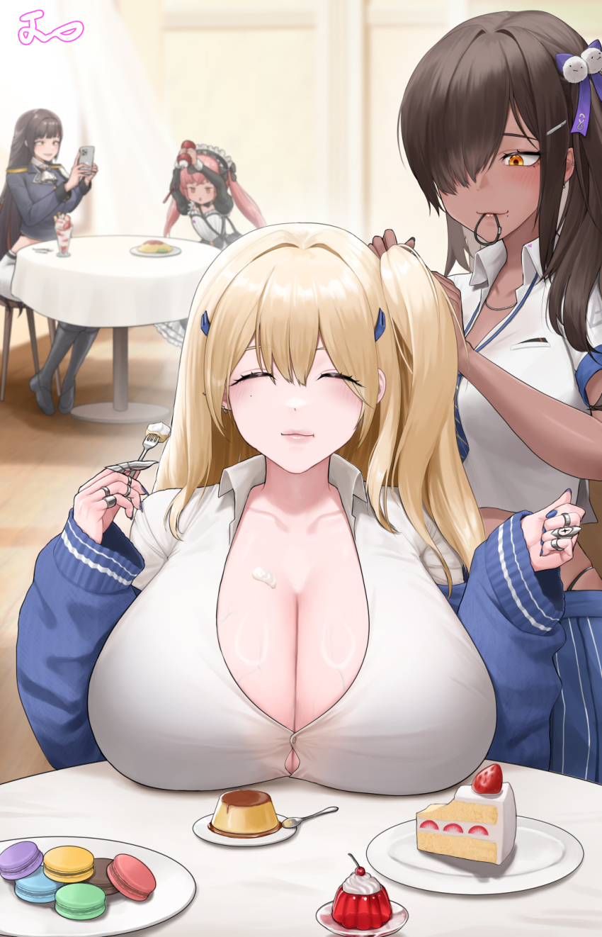 4girls, apron, arms_up, ascot, bag, belt, black_belt, black_dress