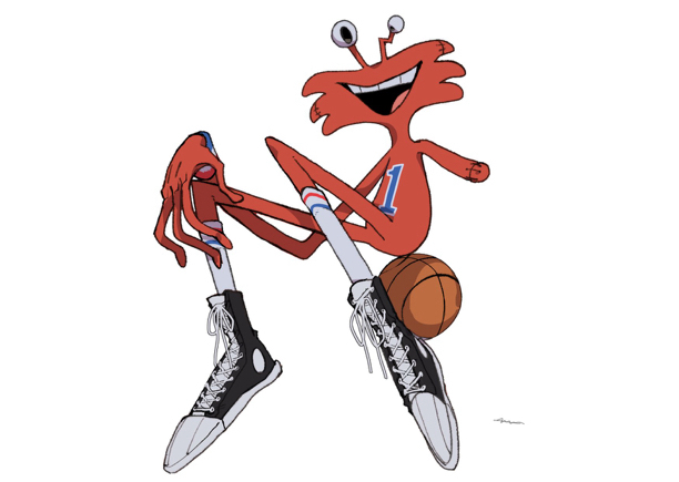 1boy, amputee, babakunwata, ball, basketball, basketball_(object), colored_skin, foster's_home_for_imaginary_friends, kneehighs, male_focus, no_humans, open_mouth, red_skin, shoes, simple_background, sitting, skinny, smile, sneakers, socks, solo, white_background, white_shoes, wilt, wristband