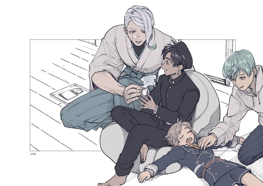 2boys, babakunwata, earrings, floor, gakuran, hakama, highres, hood, hoodie, houchou_toushirou, ichigo_hitofuri, japanese_clothes, jewelry, kneeling, looking_at_another, male_saniwa_(touken_ranbu), monocle, multiple_boys, parted_lips, saniwa_(touken_ranbu), school_uniform, sleeping, tea, tomoegata_naginata, touken_ranbu, white_hair, wooden_floor