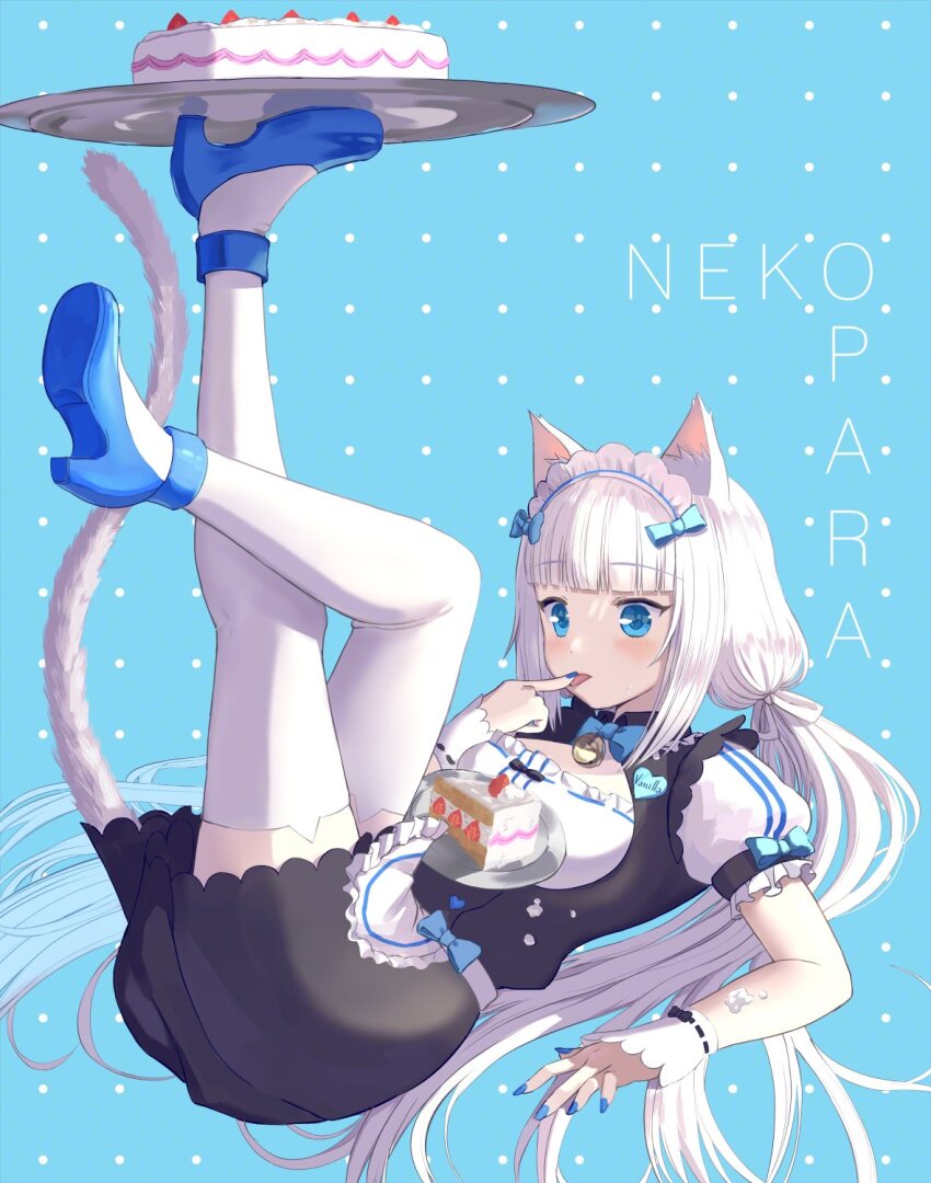 1girl, animal_ear_legwear, animal_ears, apron, arm_at_side, bell, black_dress, blue_background