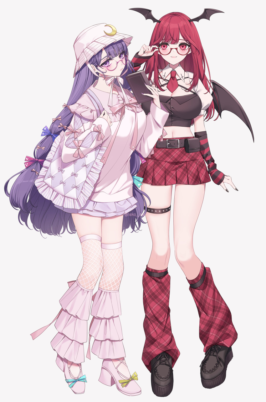 2girls, absurdres, adjusting_eyewear, alternate_costume, arm_warmers, belt, black_arm_warmers, black_footwear, black_nails, blue_bow, book, boots, bow, breasts, bucket_hat, cleavage, closed_mouth, collared_shirt, crescent, crescent_hat_ornament, criss-cross_halter, crop_top, detached_collar, fishnet_thighhighs, fishnets, frilled_shirt_collar, frilled_skirt, frills, full_body, glasses, halterneck, hand_on_eyewear, hand_up, hat, hat_ornament, head_wings, highres, holding, holding_book, koakuma, large_breasts, leg_warmers, long_hair, long_sleeves, looking_at_viewer, midriff, miniskirt, multiple_girls, necktie, neko-san_(dim.dream), patchouli_knowledge, pink-framed_eyewear, pink_boots, pink_bow, pink_leg_warmers, pink_ribbon, pink_shirt, pink_skirt, plaid_clothes, plaid_leg_warmers, plaid_skirt, puffy_short_sleeves, puffy_sleeves, purple_eyes, purple_hair, purple_nails, red-framed_eyewear, red_arm_warmers, red_eyes, red_hair, red_leg_warmers, red_necktie, red_skirt, ribbon, semi-rimless_eyewear, shirt, short_sleeves, simple_background, skirt, smile, striped_arm_warmers, thighhighs, touhou, twitter_username, under-rim_eyewear, very_long_hair, white_background, wings