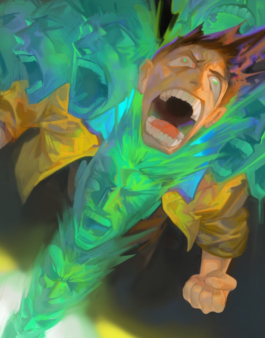 1boy, afterimage, brown_eyes, brown_hair, clenched_hand, cyberpunk_(series), cyberpunk:_edgerunners, david_martinez