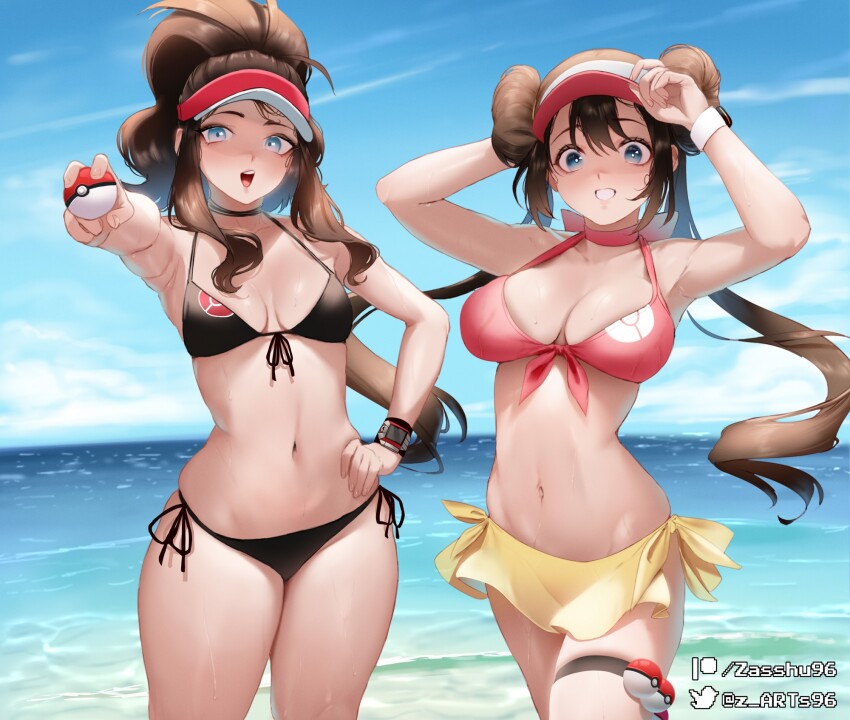 2girls, beach, bikini, black_bikini, blue_eyes, blue_sky, breasts, brown_hair, cloud, commentary, curvy, day, double_bun, floating_hair, grin, hair_bun, hand_on_own_hip, high_ponytail, highres, hilda_(pokemon), holding, holding_poke_ball, large_breasts, long_hair, looking_at_viewer, medium_breasts, multiple_girls, navel, nintendo, ocean, open_mouth, outdoors, pink_bikini, poke_ball, poke_ball_(basic), pokemon, pokemon_black_and_white, pokemon_black_2_and_white_2, ponytail, rosa_(pokemon), sarong, shiny_skin, side-tie_bikini_bottom, sky, smile, stomach, swimsuit, thong, thong_bikini, twintails, visor_cap, watch, water, wet, wide_hips, wristwatch, yellow_sarong, zasshu