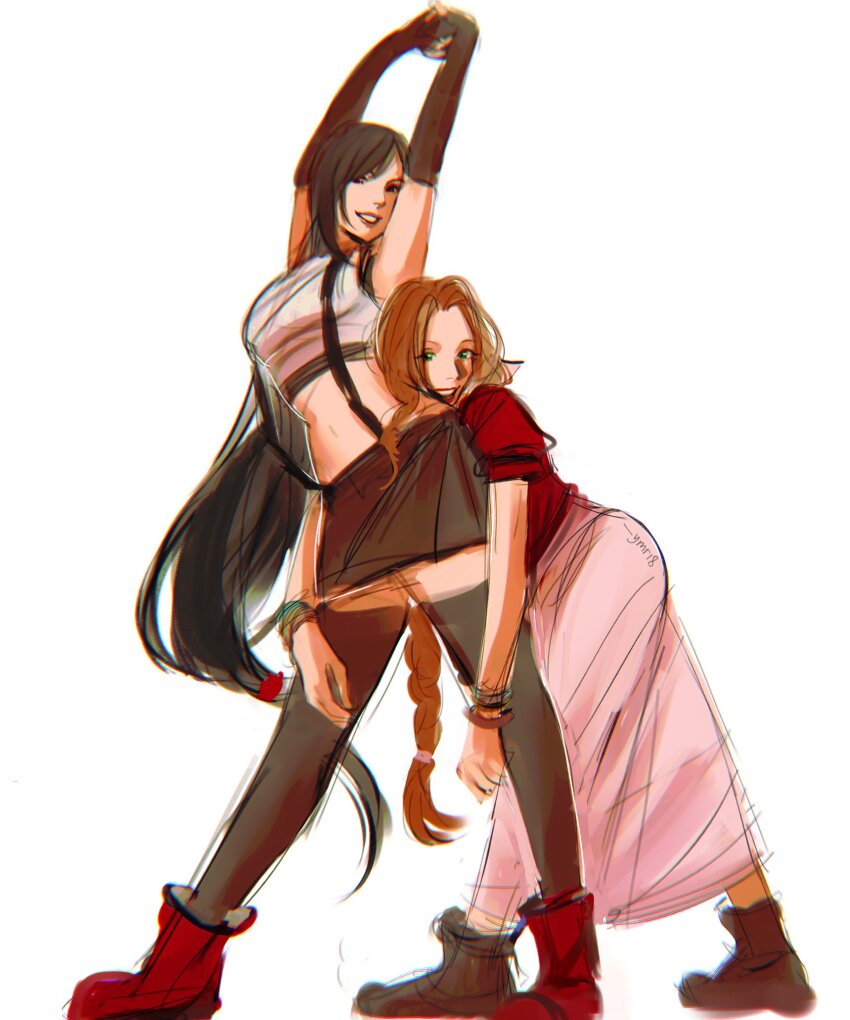 2girls, aerith_gainsborough, arms_around_another's_waist, arms_up, black_hair, black_skirt, black_sports_bra, black_thighhighs