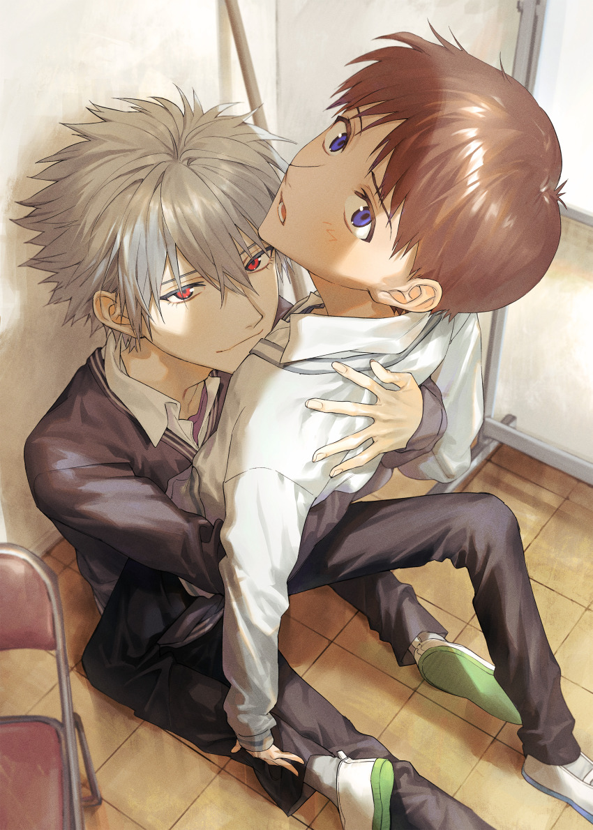 2boys, absurdres, blue_eyes, brown_hair, chair, green_hair, highres, himo_(himodayoo)