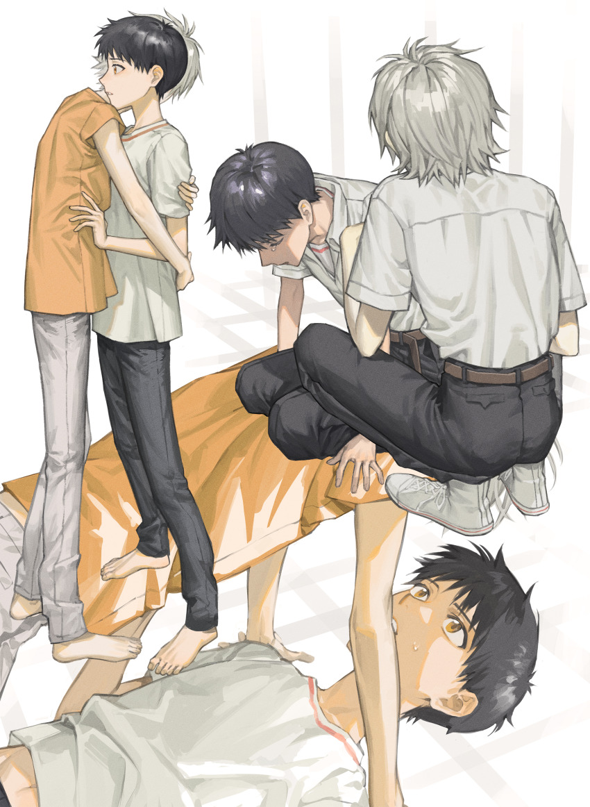 2boys, absurdres, black_hair, feet, grey_hair, highres, himo_(himodayoo), hug