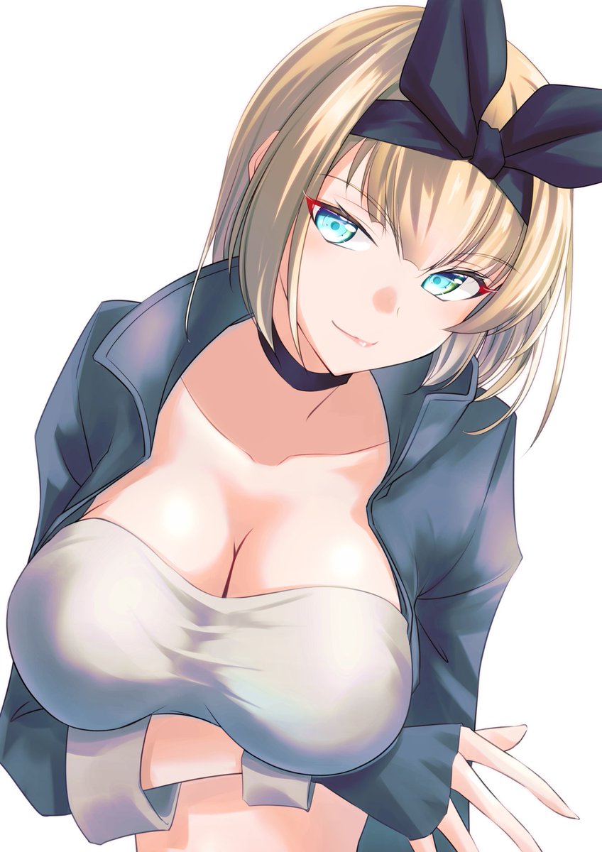 1girl, arm_under_breasts, bandeau, black_choker, black_gloves, black_hairband, blonde_hair, blue_eyes