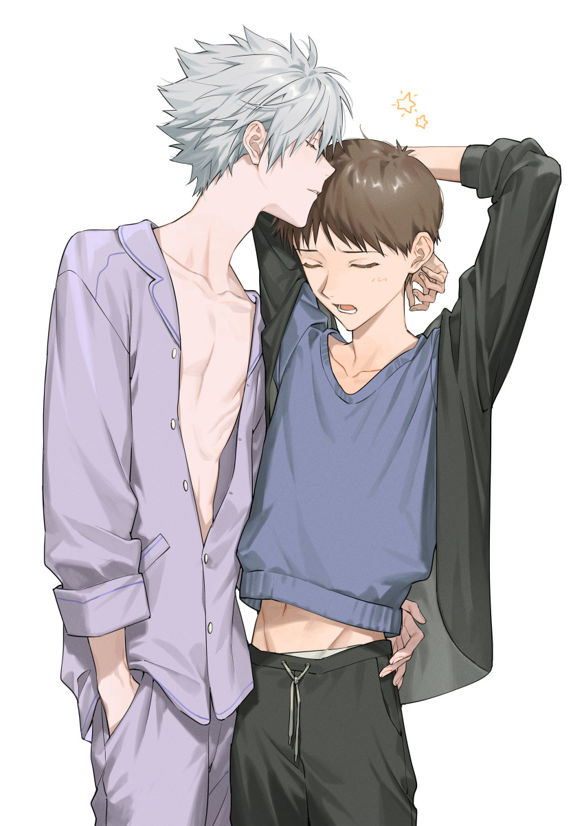 2boys, absurdres, arms_up, brown_hair, closed_eyes, grey_hair, highres, himo_(himodayoo)
