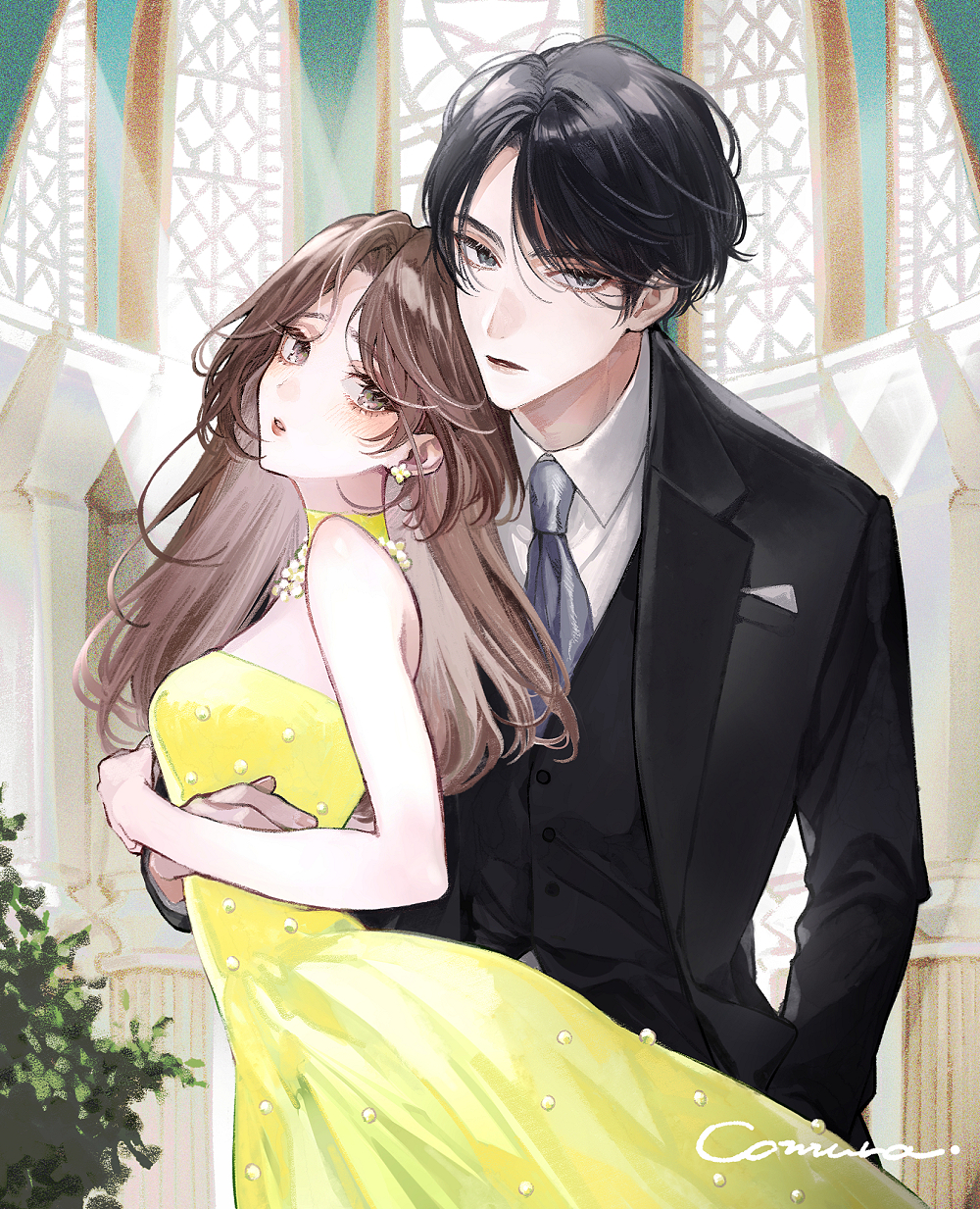 1boy, 1girl, bare_arms, bare_shoulders, black_hair, black_jacket, black_suit, blue_necktie