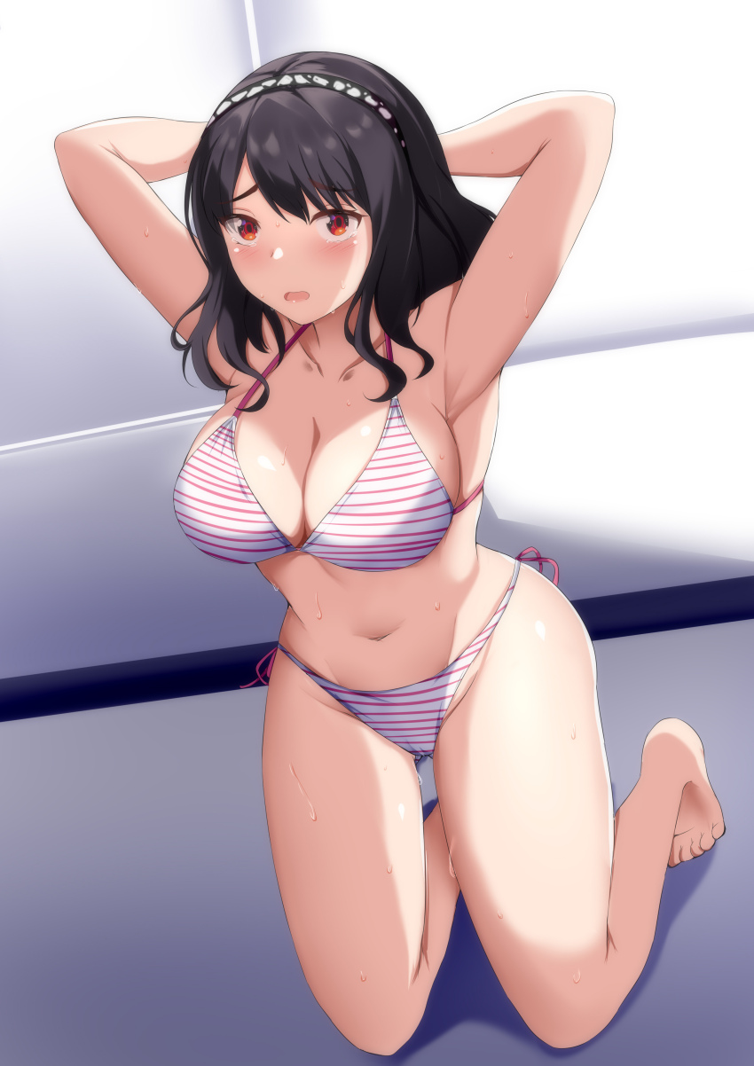 1girl, absurdres, ahim_de_famille, arms_behind_head, barefoot, bikini, black_hair, breasts