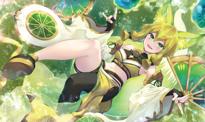 1girl, animal_ears, asymmetrical_pants, blonde_hair, breasts, bridal_gauntlets, crop_top, detached_sleeves