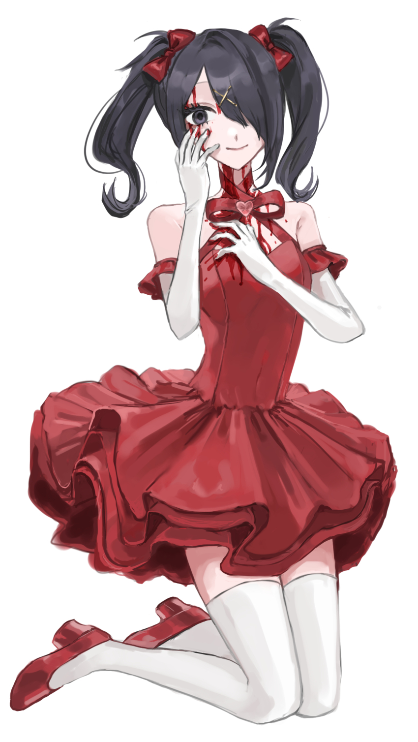 1girl, ame-chan_(needy_girl_overdose), bare_shoulders, black_hair, blood, blood_on_clothes, blood_on_face, bow