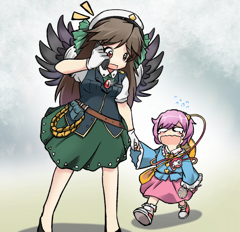 2girls, aged_down, alternate_costume, bag, belt, belt_pouch, bird_wings, black_wings