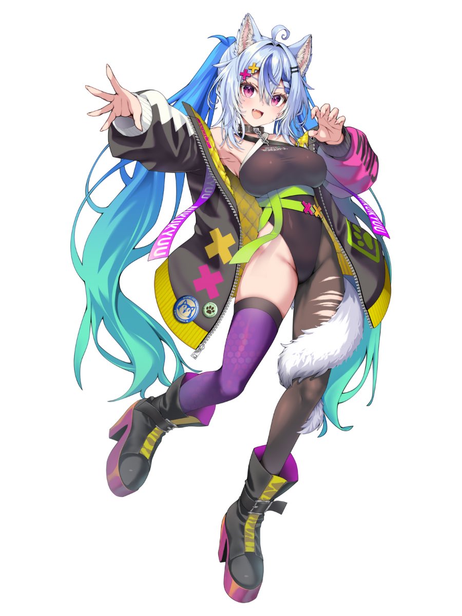 1girl, ahoge, animal_ears, black_boots, black_jacket, black_leotard, black_pantyhose, blue_hair