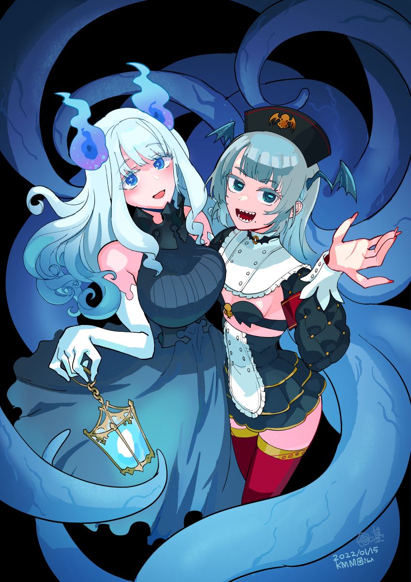 2girls, apron, black_hat, black_skirt, blue_eyes, blue_hair, blue_skirt, breasts