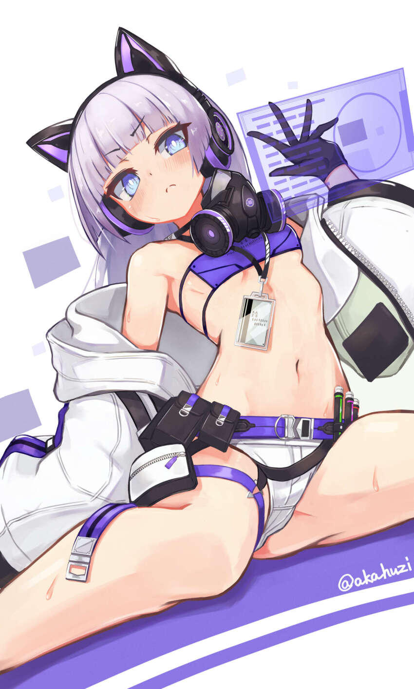 1girl, akahuzi, animal_ear_headphones, animal_ears, arm_at_side, bare_legs, bare_shoulders, belt