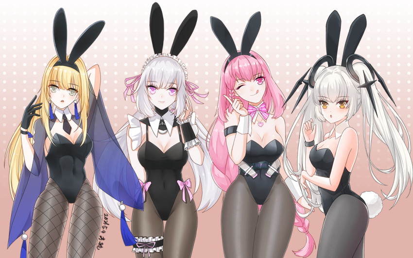 4girls, alternate_costume, alternate_hairstyle, animal_ears, ayla:_kaleido_(pgr), ayla_(pgr), bare_arms, bare_shoulders, bianca:_veritas_(pgr), bianca_(pgr), black_gloves, black_hairband, black_leotard, black_necktie, blonde_hair, bow, bowtie, bracelet, braid, breasts, cleavage, detached_collar, detached_sleeves, earrings, fake_animal_ears, fake_tail, fishnet_pantyhose, fishnets, floating_headgear, frilled_thigh_strap, gloves, grey_hair, grey_pantyhose, hair_intakes, hairband, headgear, jewelry, large_breasts, leotard, liv_(pgr), long_hair, looking_at_viewer, luna:_laurel_(pgr), luna_(pgr), maid_headdress, multiple_girls, necktie, one_eye_closed, orange_eyes, pantyhose, parted_lips, pink_bow, pink_bowtie, pink_eyes, pink_hair, playboy_bunny, punishing:_gray_raven, rabbit_ears, rabbit_tail, side_braid, sidelocks, su_gui, tail, thigh_strap, tongue, tongue_out, twintails, waist_bow, wide_sleeves