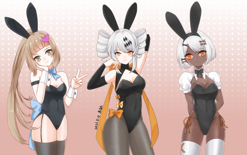 3girls, animal_ears, arm_warmers, asymmetrical_hair, back_bow, black_arm_warmers, black_bow, black_bowtie, black_leotard, black_shrug, black_thighhighs, blue_bow, blue_bowtie, bob_cut, bow, bowtie, breasts, brown_eyes, brown_hair, cleavage, dark-skinned_female, dark_skin, dated, detached_collar, drill_hair, grey_hair, grey_pantyhose, hair_ornament, heart, heart_hair_ornament, karenina:_ember_(pgr), karenina_(pgr), leotard, long_hair, medium_breasts, multiple_girls, nanami:_pulse_(pgr), nanami_(pgr), orange_bow, orange_eyes, pantyhose, playboy_bunny, ponytail, punishing:_gray_raven, rabbit_ears, shrug_(clothing), sidelocks, signature, small_breasts, smile, sophia_(pgr), su_gui, thighhighs, twin_drills, waist_bow, white_hair, white_shrug, white_thighhighs, x_hair_ornament
