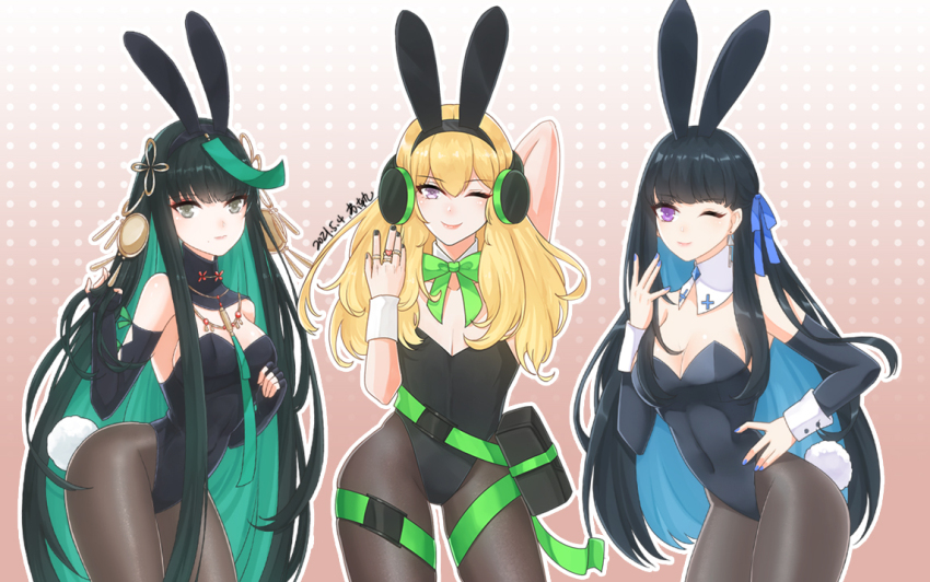 3girls, alternate_costume, animal_ears, arm_behind_head, belt_pouch, black_collar, black_gloves, black_hair, black_hairband, black_leotard, black_nails, blonde_hair, blue_ribbon, bow, bowtie, breasts, character_request, cleavage, collar, colored_inner_hair, covered_navel, dated, detached_collar, earrings, fake_animal_ears, fake_tail, fingerless_gloves, flat_chest, gloves, green_bow, green_bowtie, green_hair, grey_eyes, grey_pantyhose, hair_ornament, hair_ribbon, hairband, headphones, high_collar, jewelry, large_breasts, leotard, long_hair, looking_at_viewer, multicolored_hair, multiple_girls, multiple_rings, nail_polish, one_eye_closed, pantyhose, playboy_bunny, pouch, punishing:_gray_raven, purple_eyes, purple_nails, qu_(pgr), rabbit_ears, rabbit_tail, ribbon, ring, selena_(pgr), signature, su_gui, tail, thigh_strap, very_long_hair, white_collar