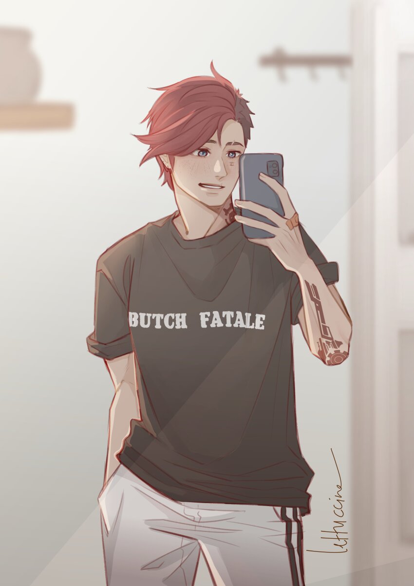 1girl, absurdres, arcane:_league_of_legends, arcane_vi, arm_tattoo, bandaged_hand, bandages, black_shirt