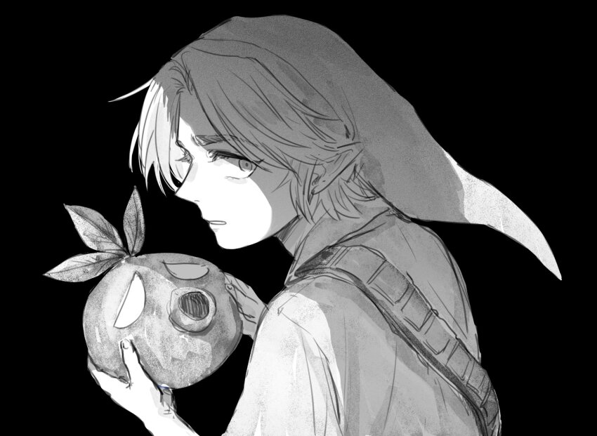 1boy, commentary, conical_hat, deku_mask, english_commentary, from_behind, greyscale, hat, highres, himu_zelda, holding, holding_mask, link, looking_at_viewer, male_focus, mask, monochrome, nintendo, parted_lips, pointy_ears, shirt, short_hair, simple_background, solo, the_legend_of_zelda, the_legend_of_zelda:_majora's_mask