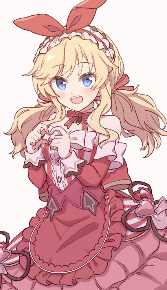 1girl, apron, bare_shoulders, blonde_hair, blue_eyes, bow, breasts, cleavage