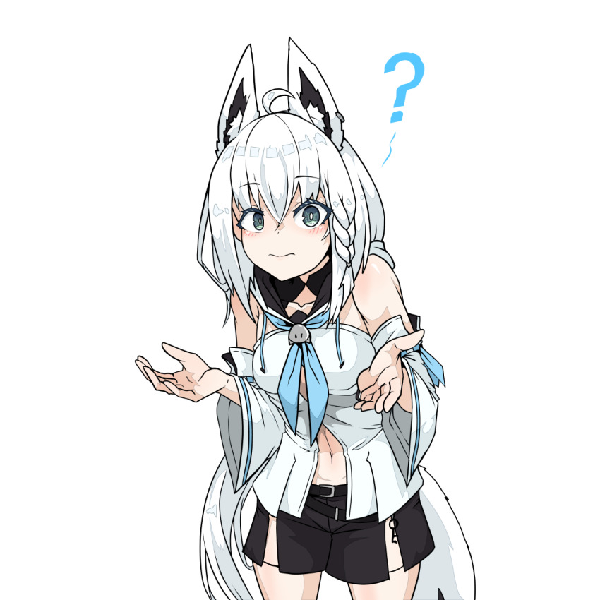 1girl, ?, ahoge, aikohgin, animal_ears, aqua_eyes, belt, black_belt, black_shorts, blue_neckerchief, braid, breasts, closed_mouth, cowboy_shot, detached_sleeves, female_focus, guess_i'll_die_(meme), highres, hololive, leaning_forward, long_hair, looking_at_viewer, meme, navel, neckerchief, shirakami_fubuki, shirakami_fubuki_(1st_costume), shirt, short_shorts, shorts, shrugging, simple_background, small_breasts, solo, standing, tail, virtual_youtuber, white_background, white_hair, white_shirt