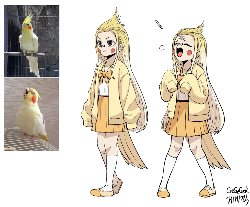 1girl, :>, absurdres, artist_name, bird, bird_girl, black_eyes, blonde_hair
