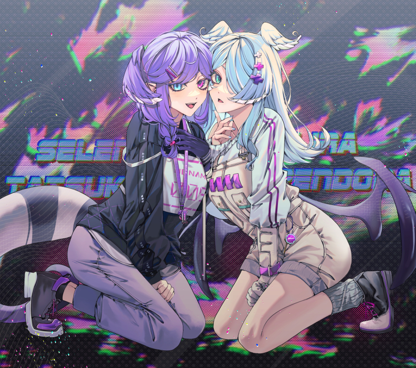 2girls, black_footwear, black_hoodie, blue_eyes, blue_hair, braid, character_name, elira_pendora, elira_pendora_(1st_costume), finger_to_own_chin, from_side, grey_pants, hair_ornament, hair_over_one_eye, hairclip, head_wings, heads_together, highres, hood, hoodie, kneeling, lanyard, long_hair, long_sleeves, looking_at_viewer, multiple_girls, nijisanji, nijisanji_en, one_eye_covered, open_mouth, overall_shorts, overalls, pants, pointy_ears, purple_eyes, purple_hair, selen_tatsuki, selen_tatsuki_(1st_costume), sesemilk, shirt, shoes, siblings, sisters, smile, tail, virtual_youtuber, white_shirt, wings
