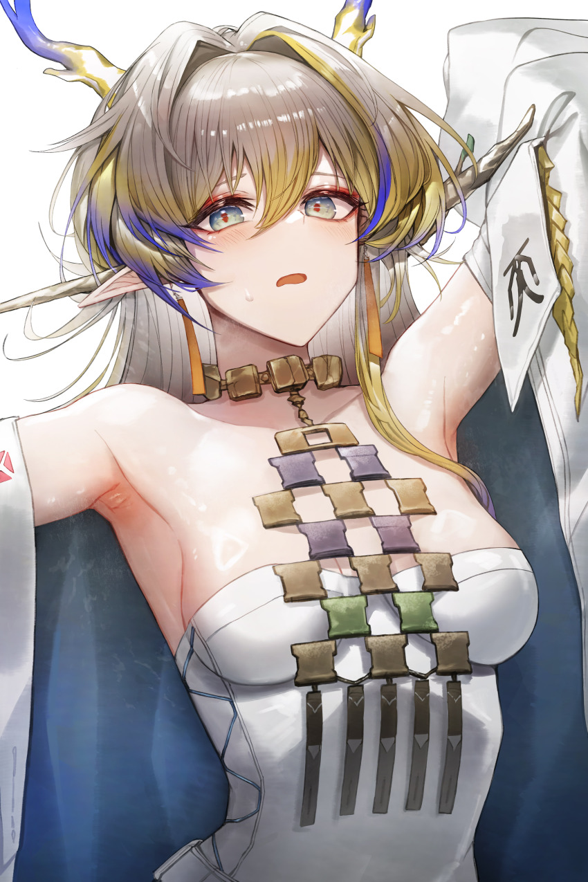 1girl, absurdres, arknights, armpits, bare_shoulders, blonde_hair, blue_hair, breasts