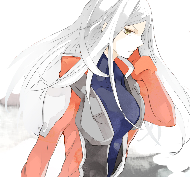 00s, 1girl, female_focus, gundam, gundam_00, pilot_suit, seki_(kaguudou), silver_hair, solo, soma_peries, yellow_eyes