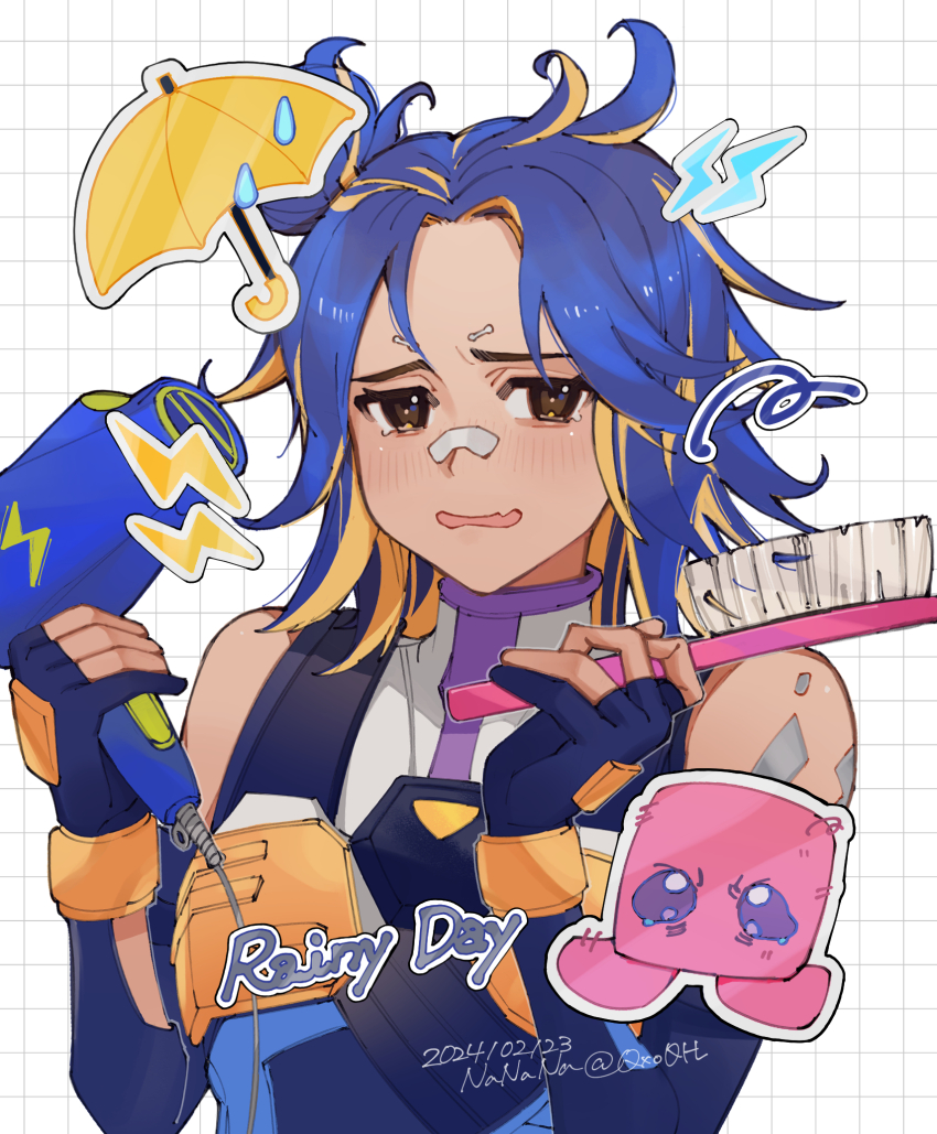 1girl, animification, annoyed, artist_name, blonde_hair, blue_bodysuit, blue_gloves, blue_hair