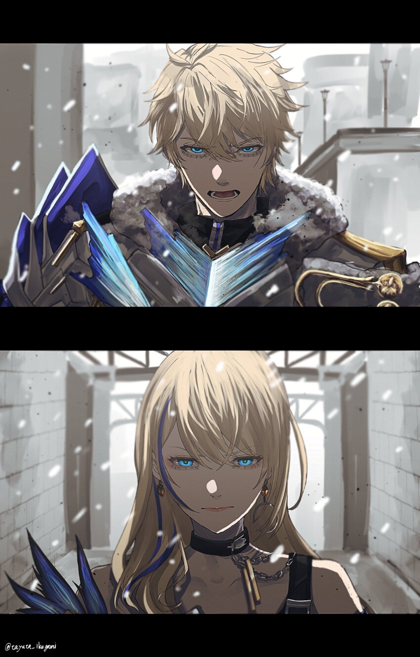1boy, 1girl, aegyo_sal, armor, black_choker, blonde_hair, blue_hair, chain, choker, collarbone, earrings, eyeshadow, fur-trimmed_armor, fur_trim, furrowed_brow, gepard_landau, glaring, hair_between_eyes, highres, honkai:_star_rail, honkai_(series), jewelry, long_hair, lower_teeth_only, makeup, multicolored_hair, open_mouth, pink_lips, red_eyeshadow, serval_landau, short_hair, siblings, snowing, streaked_hair, tayuta_(tayuta_fa), teeth, twintails