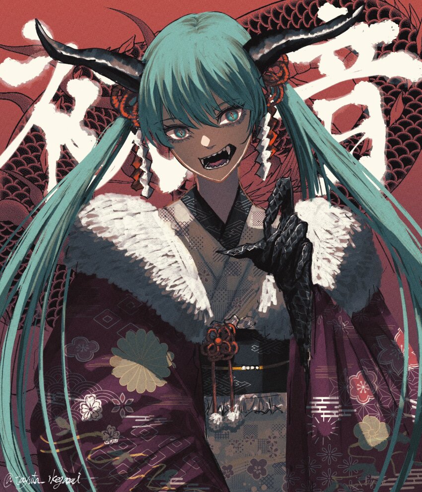 1girl, aegyo_sal, aqua_eyes, aqua_hair, dragon_horns, egasumi, fangs, fingernails