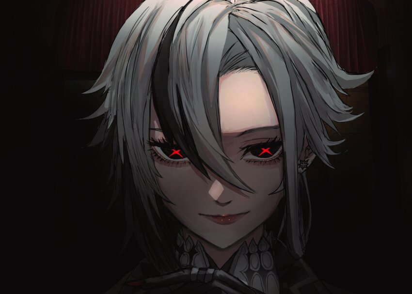 1girl, aegyo_sal, arlecchino_(genshin_impact), black_hair, closed_mouth, cross-shaped_pupils, earrings, genshin_impact