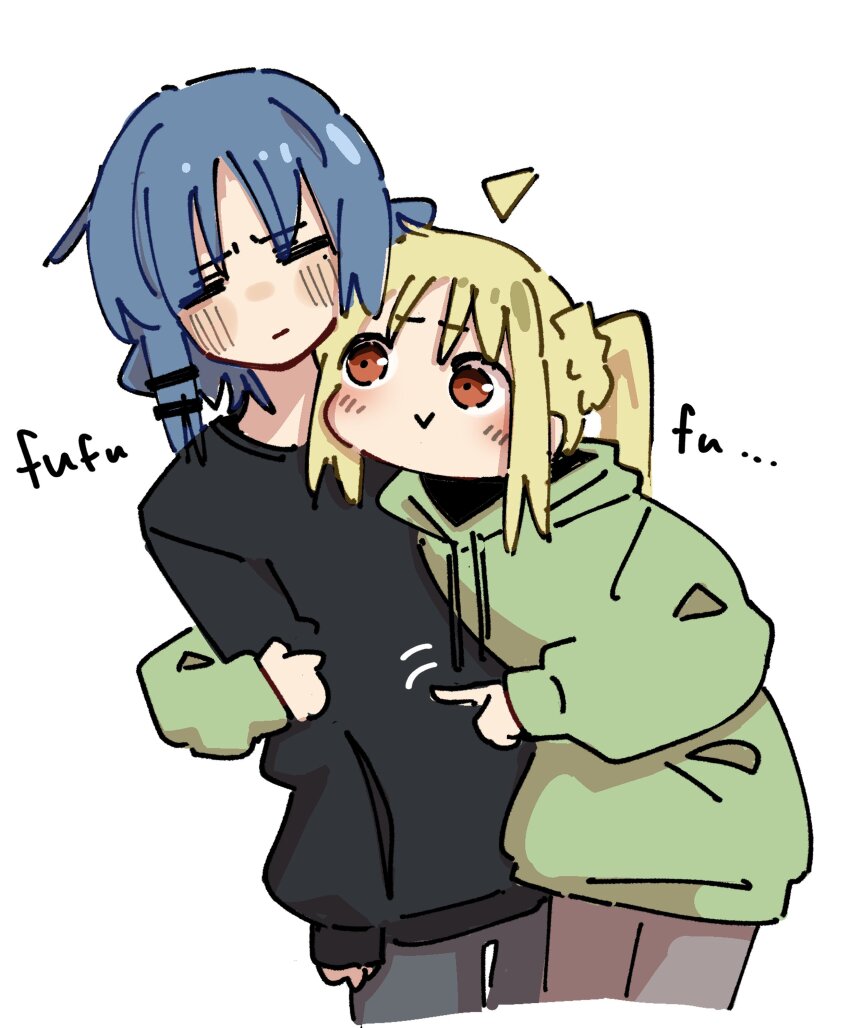 2girls, absurdres, ahoge, alternate_costume, arm_hug, black_sweater, blonde_hair, blue_hair